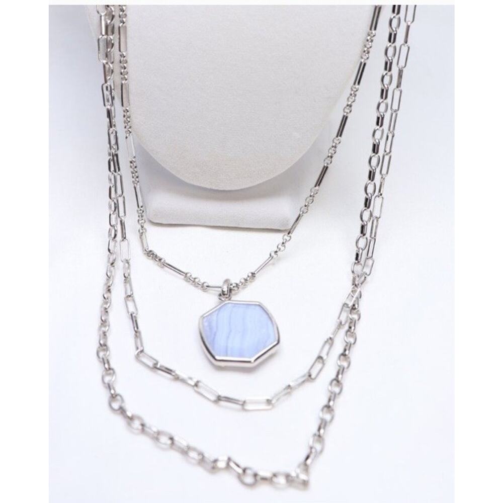 Kendra Scott Davis TRIPLE STRAND Blue Lace Agate NECKLACE Silver Tone Layering
